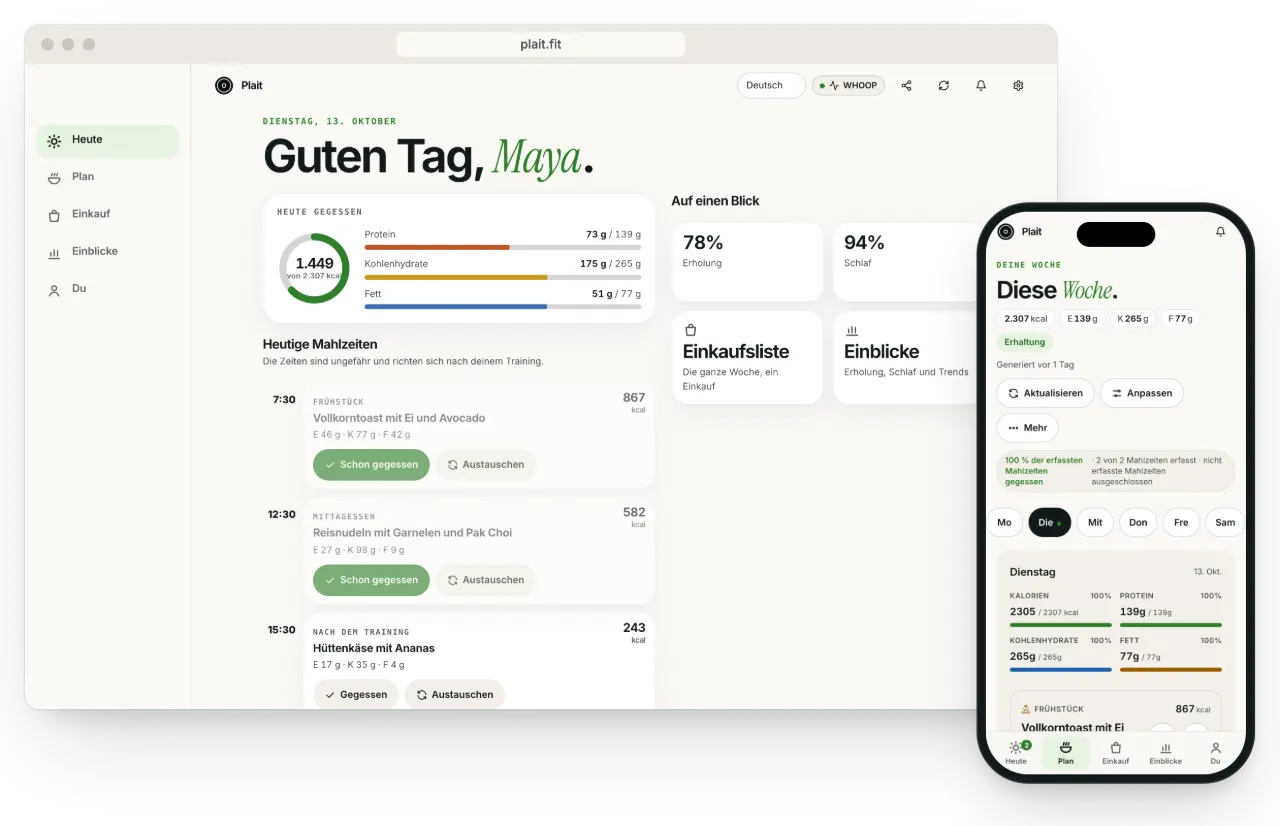 Plait auf einem Laptop und einem Smartphone: Heute mit den bisher gegessenen Kalorien und Makros, Erholung und Schlaf auf einen Blick und die Mahlzeiten der Woche