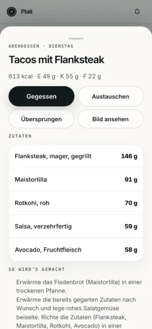Eine Mahlzeit in Plait auf einem Smartphone: Tacos mit Flanksteak, jede Zutat in Gramm abgewogen, mit Buttons zum Erfassen oder Tauschen