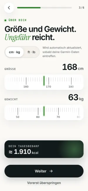 Plait-Einrichtung auf einem Smartphone: Skalen für Größe und Gewicht mit einer live berechneten täglichen Energie