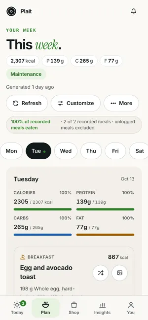 Plait week on a phone: day chips and the day's calories, protein, carbs and fat against the target