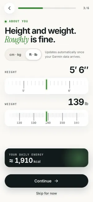 Plait setup on a phone: height and weight rulers with a live daily energy estimate