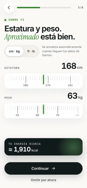 Configuración de Plait en un teléfono: reglas de estatura y peso con una estimación de energía diaria en vivo