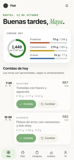 Pantalla Hoy de Plait en un teléfono: calorías y macros consumidos hasta ahora y luego las comidas del día con sus horarios