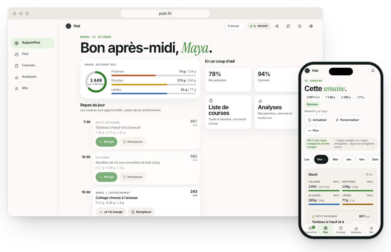 Plait sur un ordinateur portable et un téléphone : Aujourd’hui avec les calories et macros déjà consommées, la récupération et le sommeil en un coup d’œil, et les repas de la semaine
