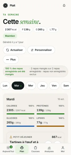 Semaine Plait sur un téléphone : les jours et les calories, protéines, glucides et lipides du jour par rapport à l’objectif
