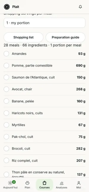 Liste de courses Plait sur un téléphone : les ingrédients de la semaine avec leur poids