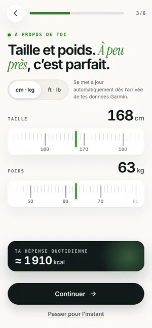 Configuration de Plait sur un téléphone : règles de taille et de poids avec une estimation de l’énergie quotidienne en direct